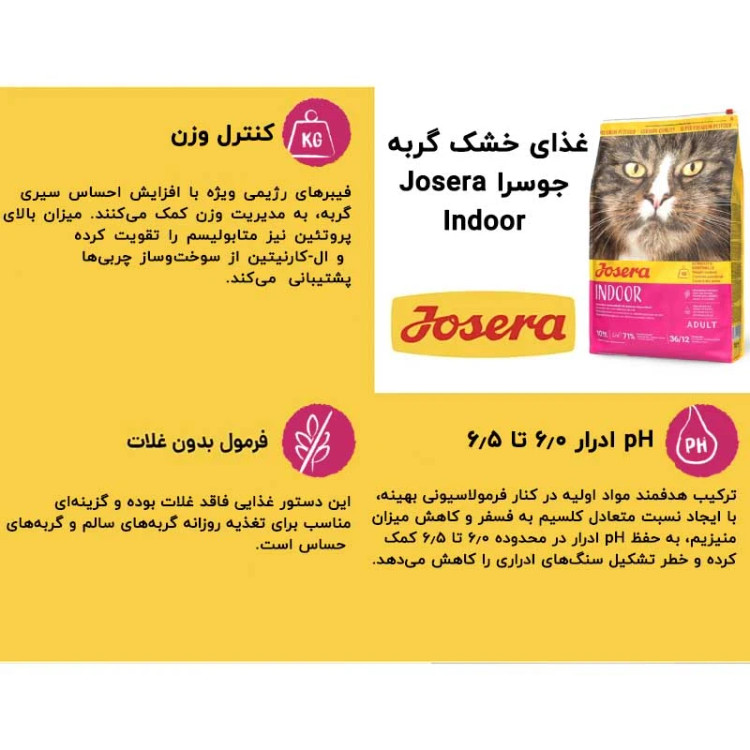 غذای خشک گربه عقیم شده جوسرا مدل Indoor مناسب فعالیت کم وزن 10 کیلوگرم